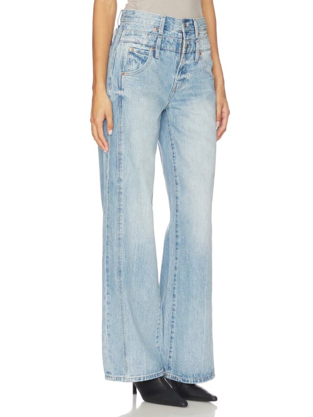 Pistola Caleb High Rise Stacked Waist Wide Leg Jeans Light Wash Rigid Denim NWT - Picture 2 of 5